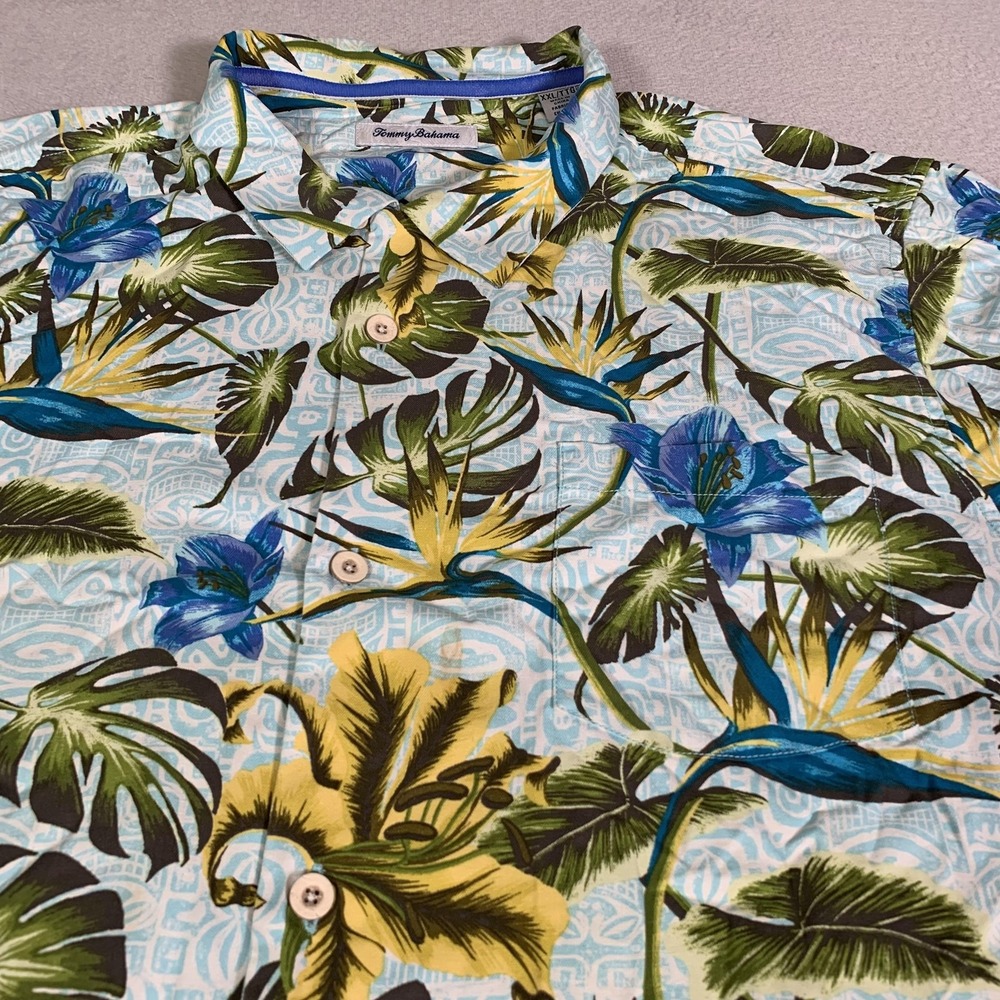 Tommy Bahama Shirt Mens 2XL Blue Yellow Floral Hawaiian 100% Silk Short Sleeve
